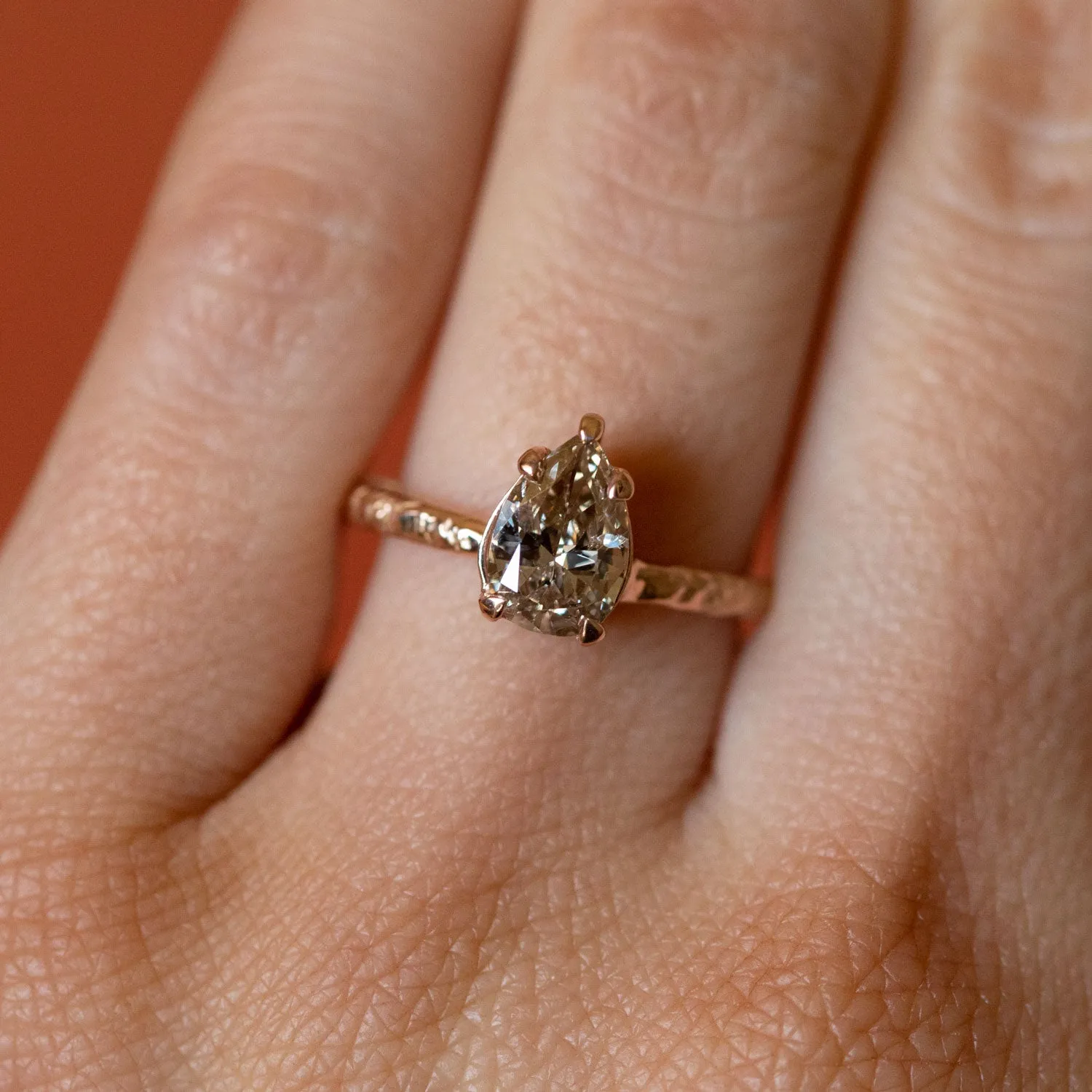 1.00ct Champagne Pear Diamond in Low Profile Rose Gold Evergreen Setting by Anueva Jewelry