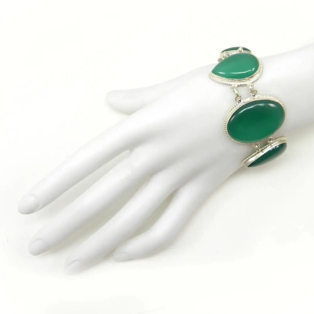 925 Sterling Silver Green Onyx Designer Link Chain Bracelet Jewelry