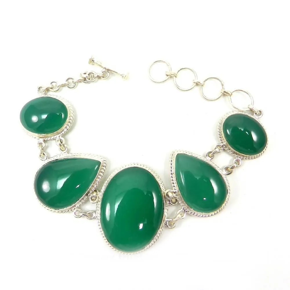 925 Sterling Silver Green Onyx Designer Link Chain Bracelet Jewelry
