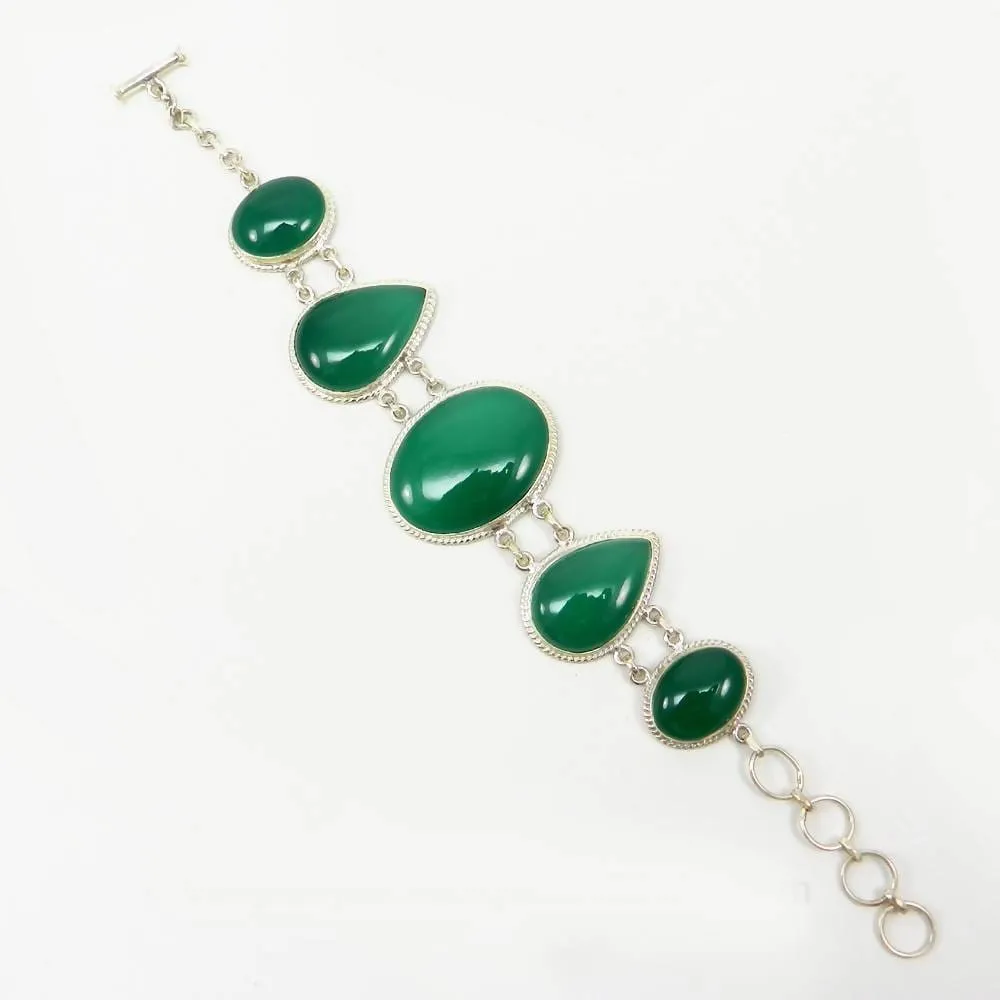 925 Sterling Silver Green Onyx Designer Link Chain Bracelet Jewelry