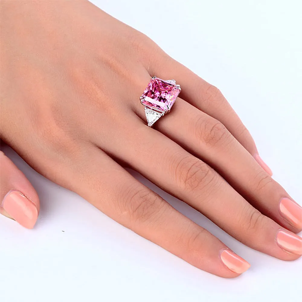 925 Sterling Silver Three-Stone Luxury Ring 8 Carat Fancy Pink Created Diamond XFR8156