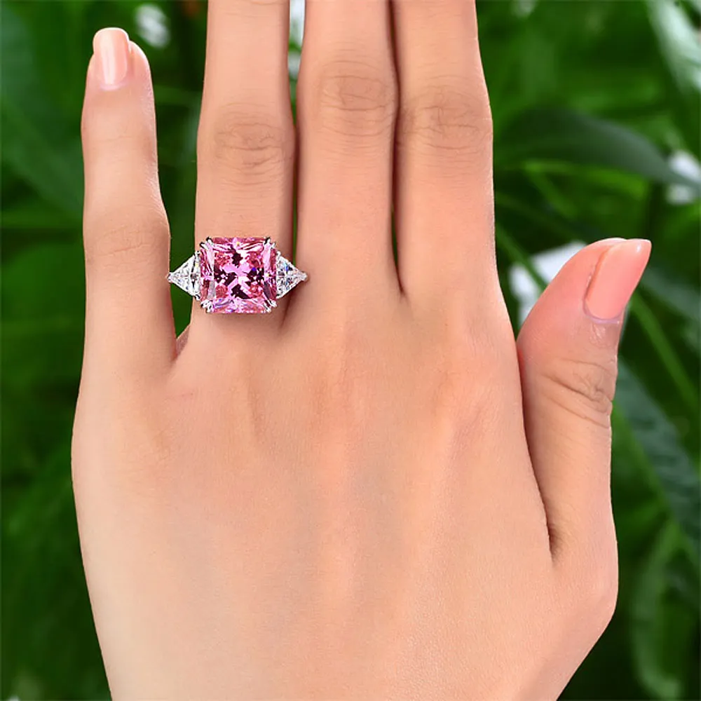 925 Sterling Silver Three-Stone Luxury Ring 8 Carat Fancy Pink Created Diamond XFR8156