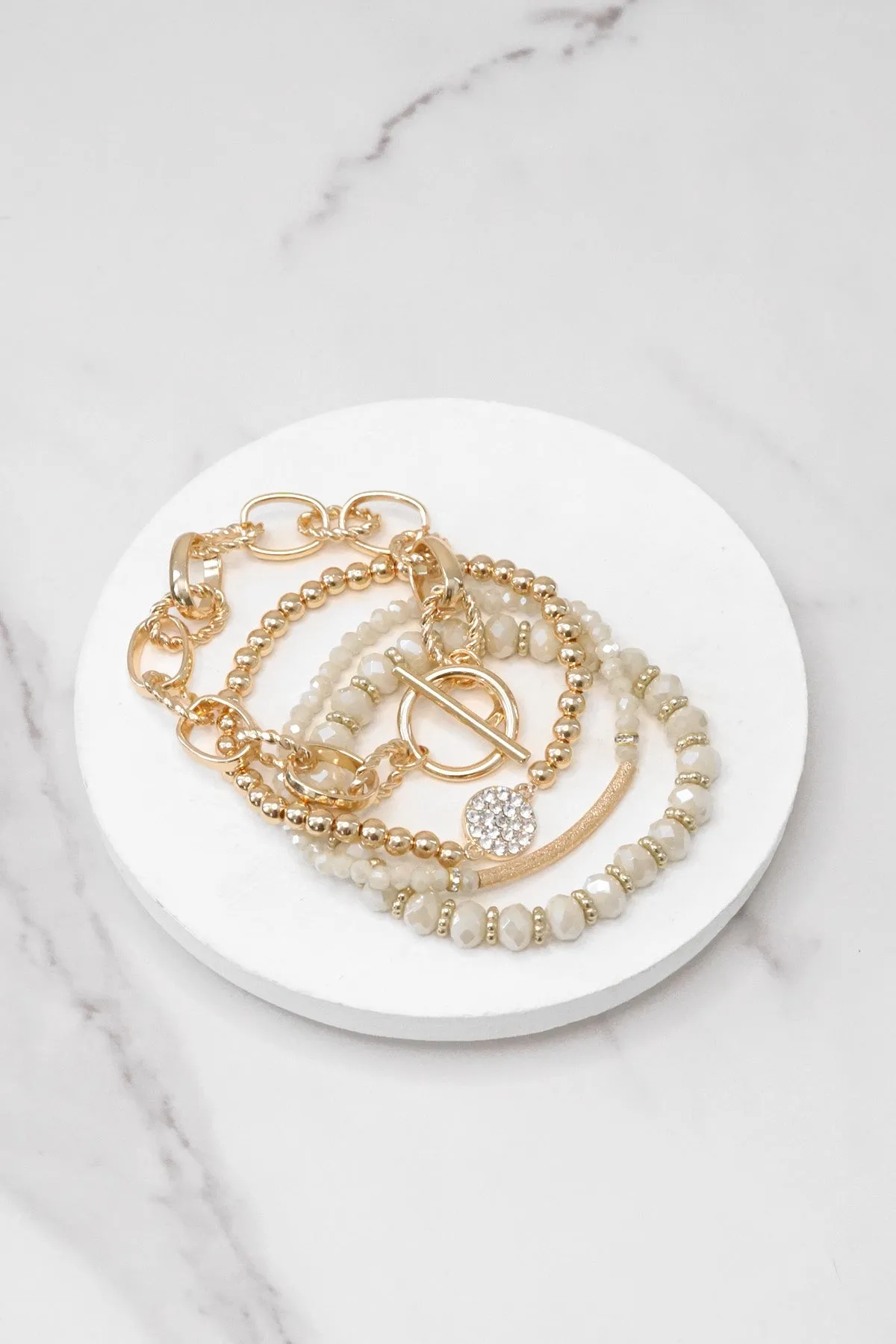 Beaded Bracelets set of 4 Off-White Glass Beads with Gold crystal paved sparkly bracelet Metal bead Toggle
