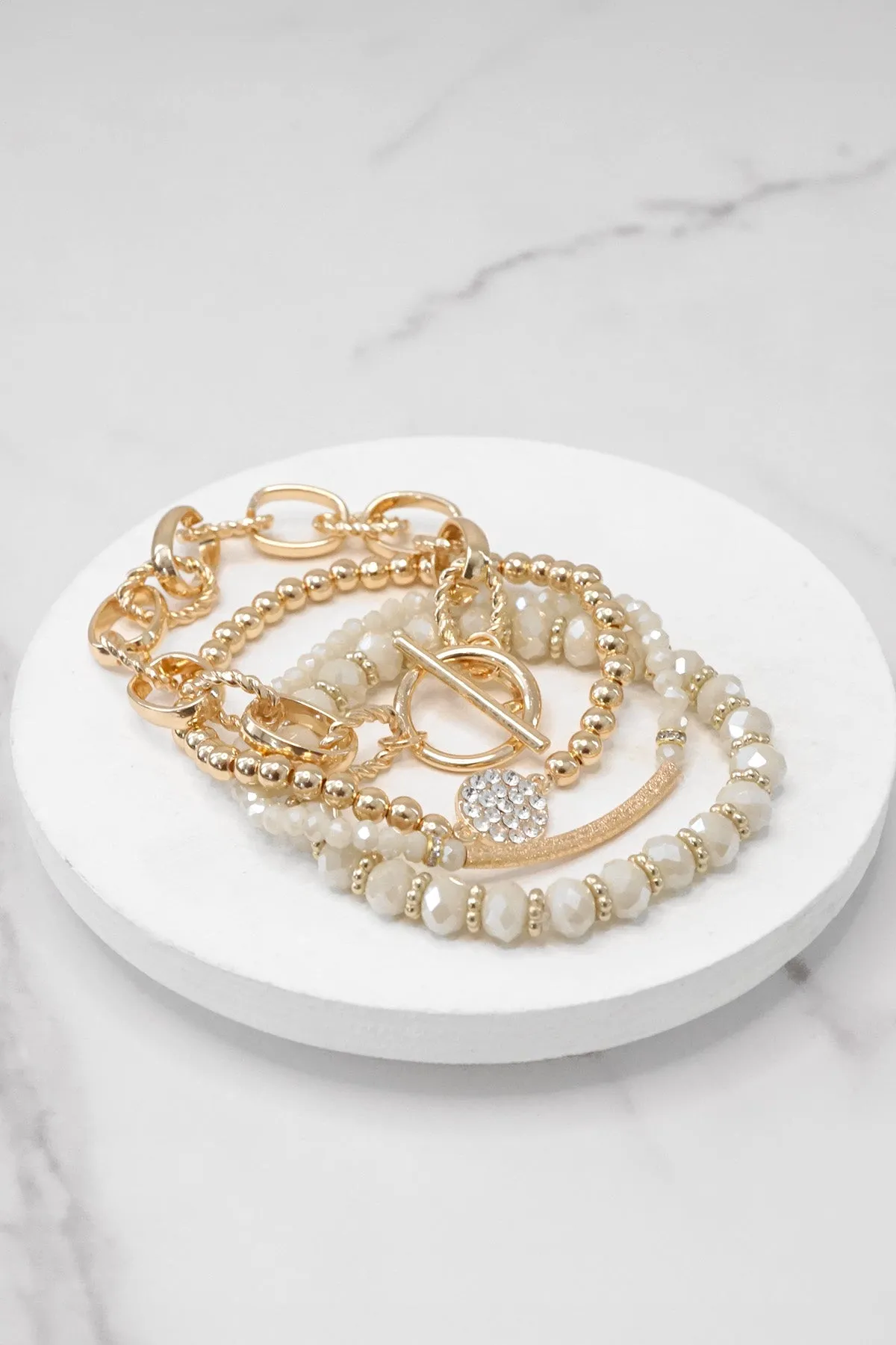 Beaded Bracelets set of 4 Off-White Glass Beads with Gold crystal paved sparkly bracelet Metal bead Toggle