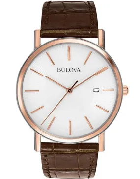 Bulova Mens Rose Gold & Brown Leather Mens Watch - White Dial - Date