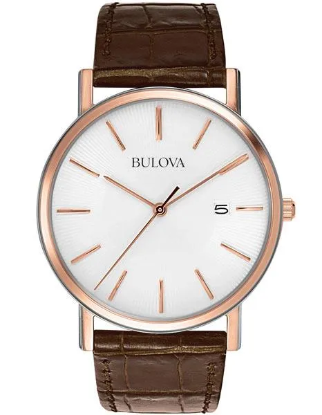 Bulova Mens Rose Gold & Brown Leather Mens Watch - White Dial - Date