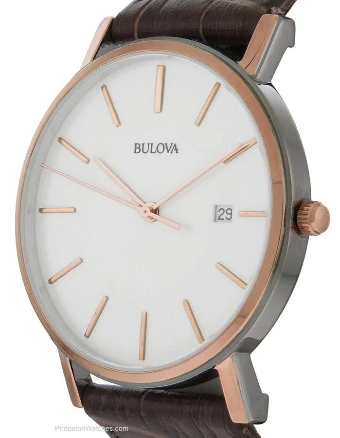 Bulova Mens Rose Gold & Brown Leather Mens Watch - White Dial - Date