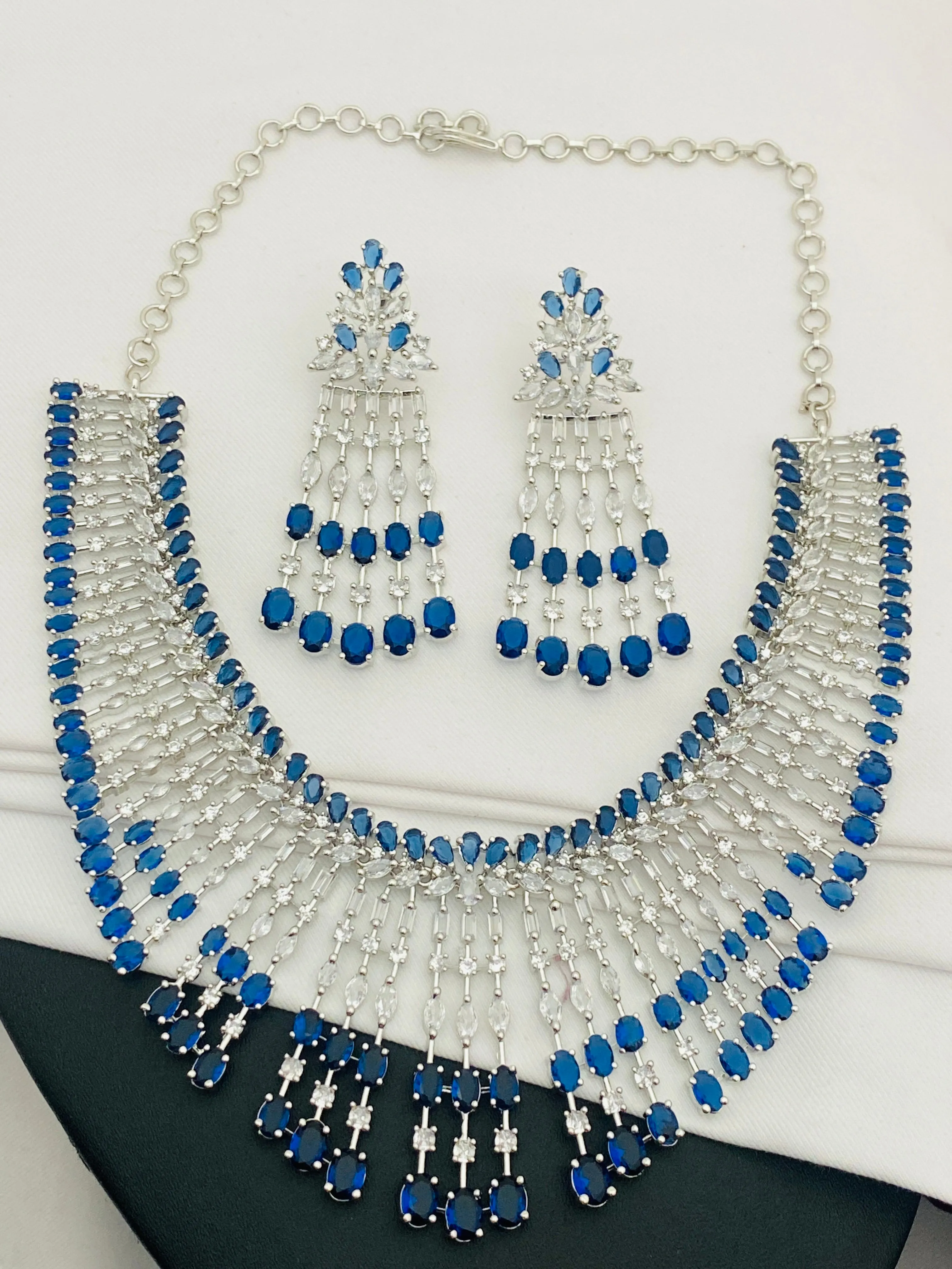Dazzling Blue Color Rhodium Plated & AD Studded Bridal Wear Jewelry Sets
