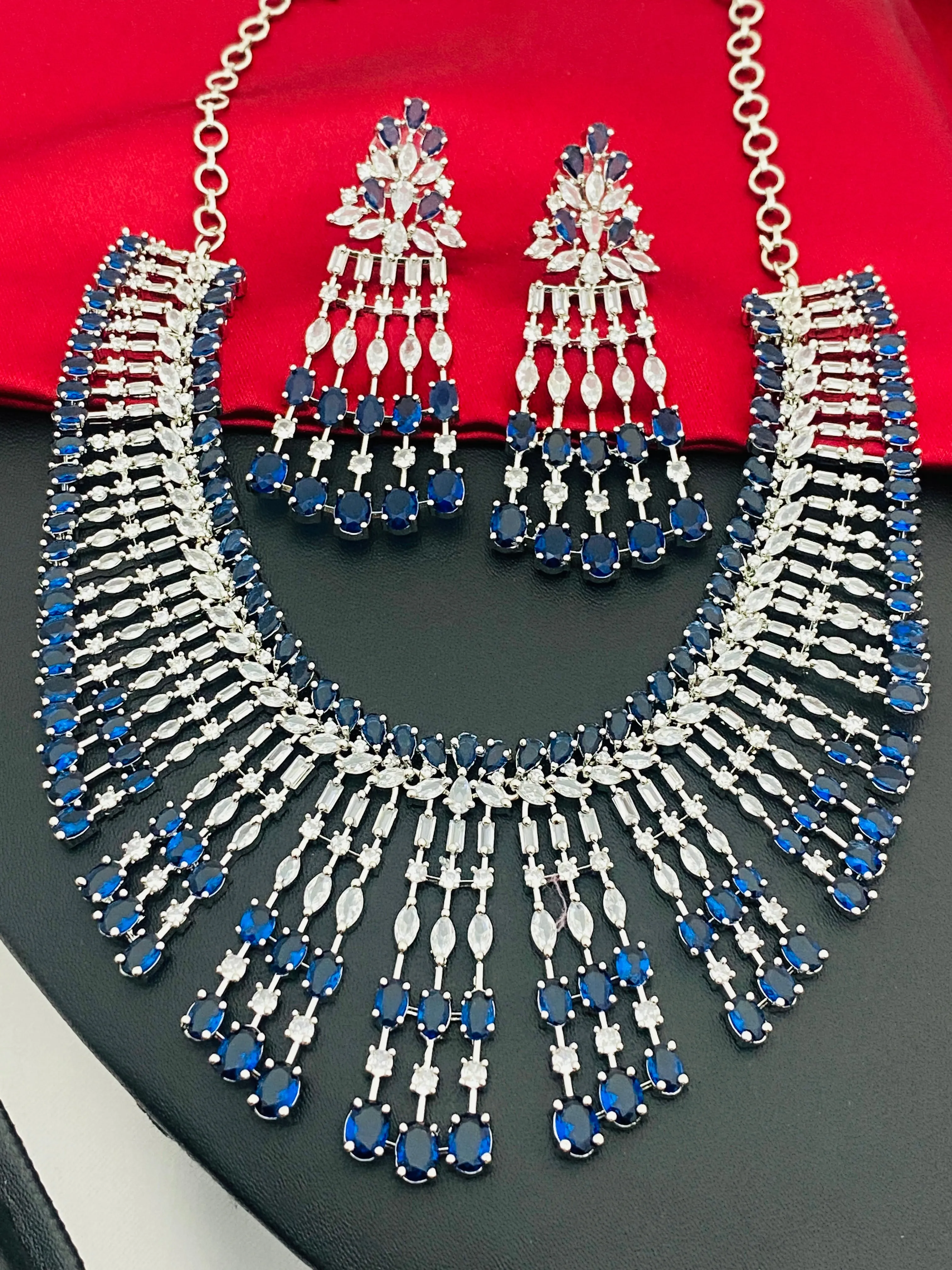 Dazzling Blue Color Rhodium Plated & AD Studded Bridal Wear Jewelry Sets
