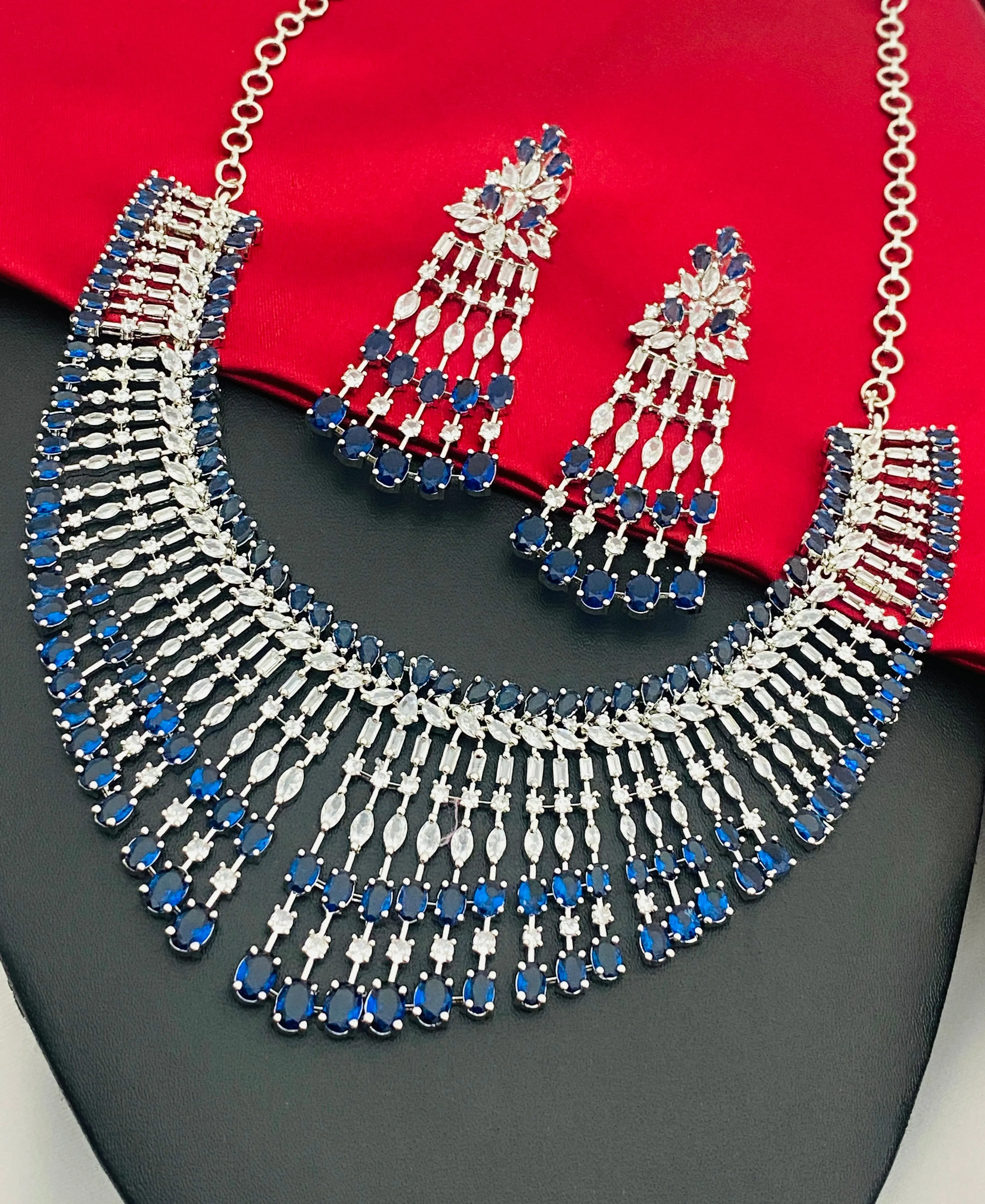 Dazzling Blue Color Rhodium Plated & AD Studded Bridal Wear Jewelry Sets