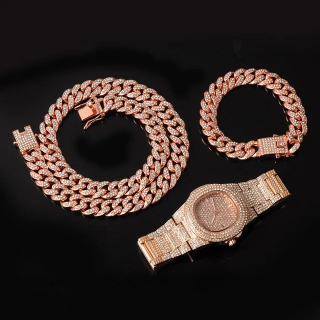 Gold Chain  Watch Bracelet Chain Full Iced Out Paved Rhinestones CZ Bling For Men