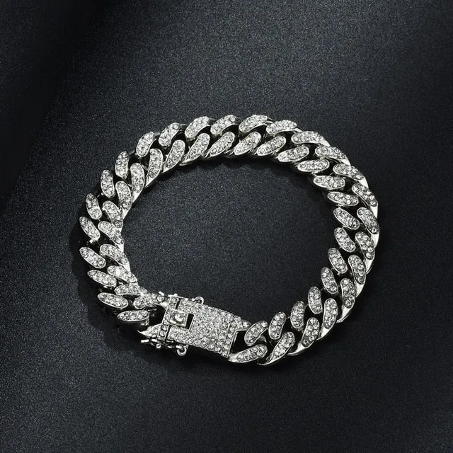 Gold Chain  Watch Bracelet Chain Full Iced Out Paved Rhinestones CZ Bling For Men