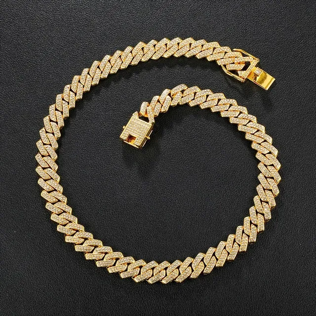 Gold Chain  Watch Bracelet Chain Full Iced Out Paved Rhinestones CZ Bling For Men