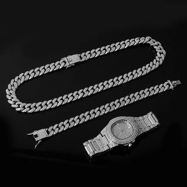 Gold Chain  Watch Bracelet Chain Full Iced Out Paved Rhinestones CZ Bling For Men
