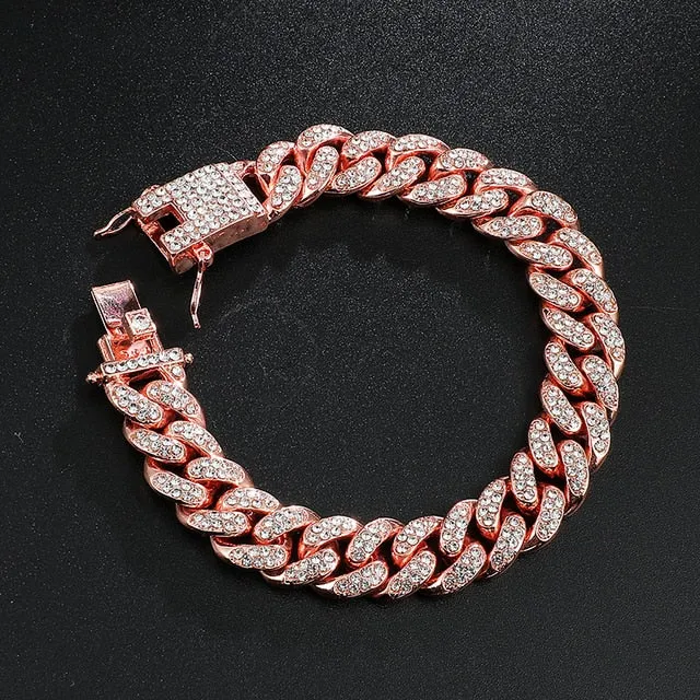 Gold Chain  Watch Bracelet Chain Full Iced Out Paved Rhinestones CZ Bling For Men