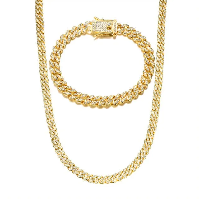 Gold Chain  Watch Bracelet Chain Full Iced Out Paved Rhinestones CZ Bling For Men