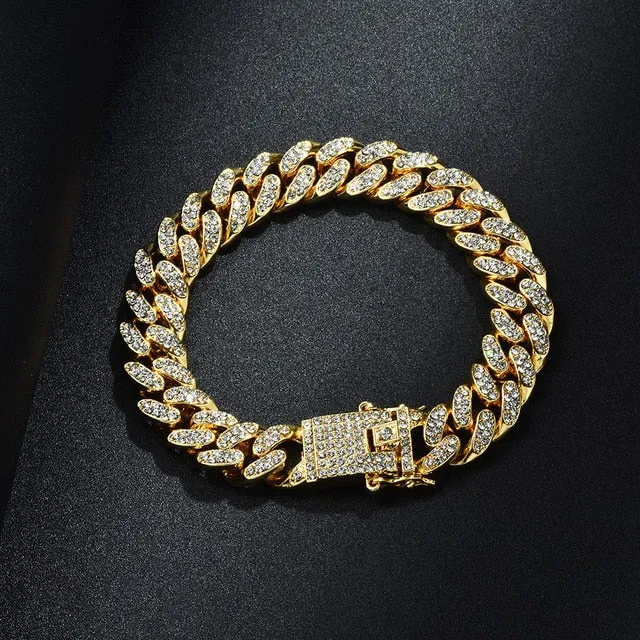 Gold Chain  Watch Bracelet Chain Full Iced Out Paved Rhinestones CZ Bling For Men