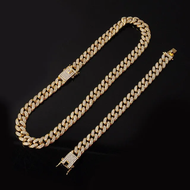 Gold Chain  Watch Bracelet Chain Full Iced Out Paved Rhinestones CZ Bling For Men