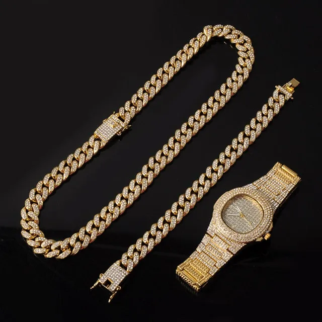 Gold Chain  Watch Bracelet Chain Full Iced Out Paved Rhinestones CZ Bling For Men