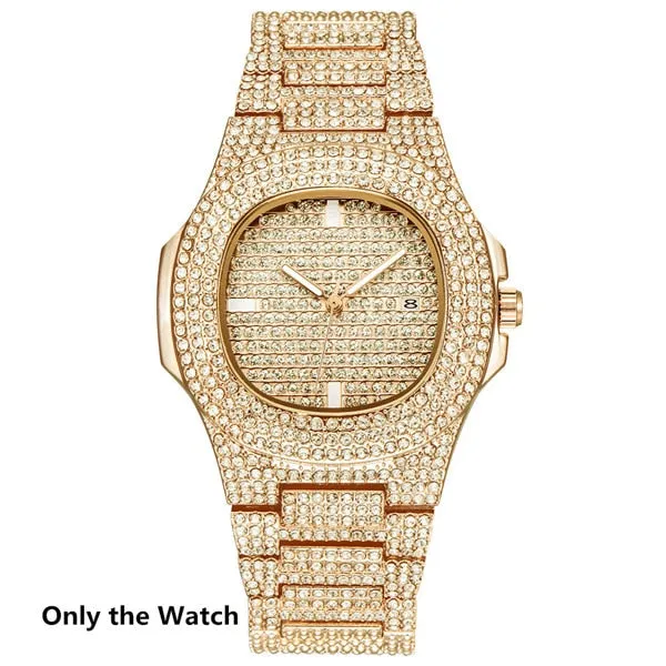 Gold Chain  Watch Bracelet Chain Full Iced Out Paved Rhinestones CZ Bling For Men