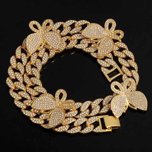Gold Chain  Watch Bracelet Chain Full Iced Out Paved Rhinestones CZ Bling For Men
