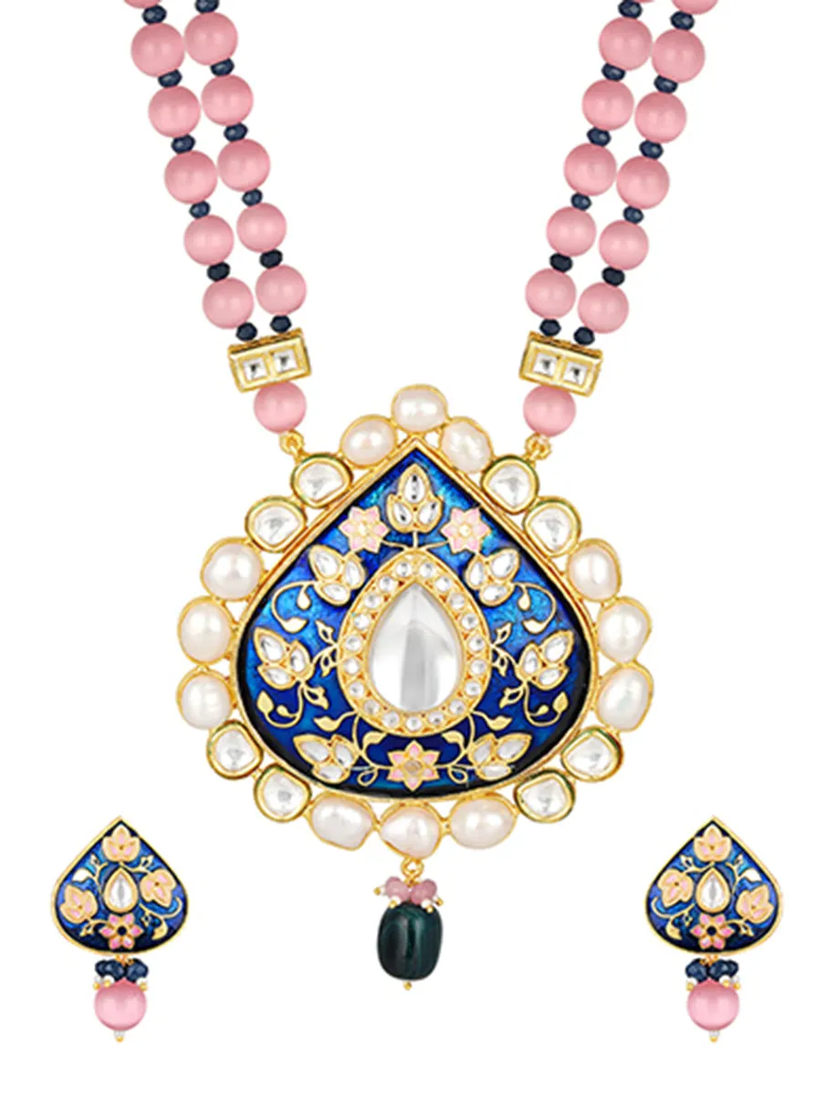 Golden and  Blush Pink Monalisa Agates, Onyx tumbles, Hand -Paint Meena Necklace Set