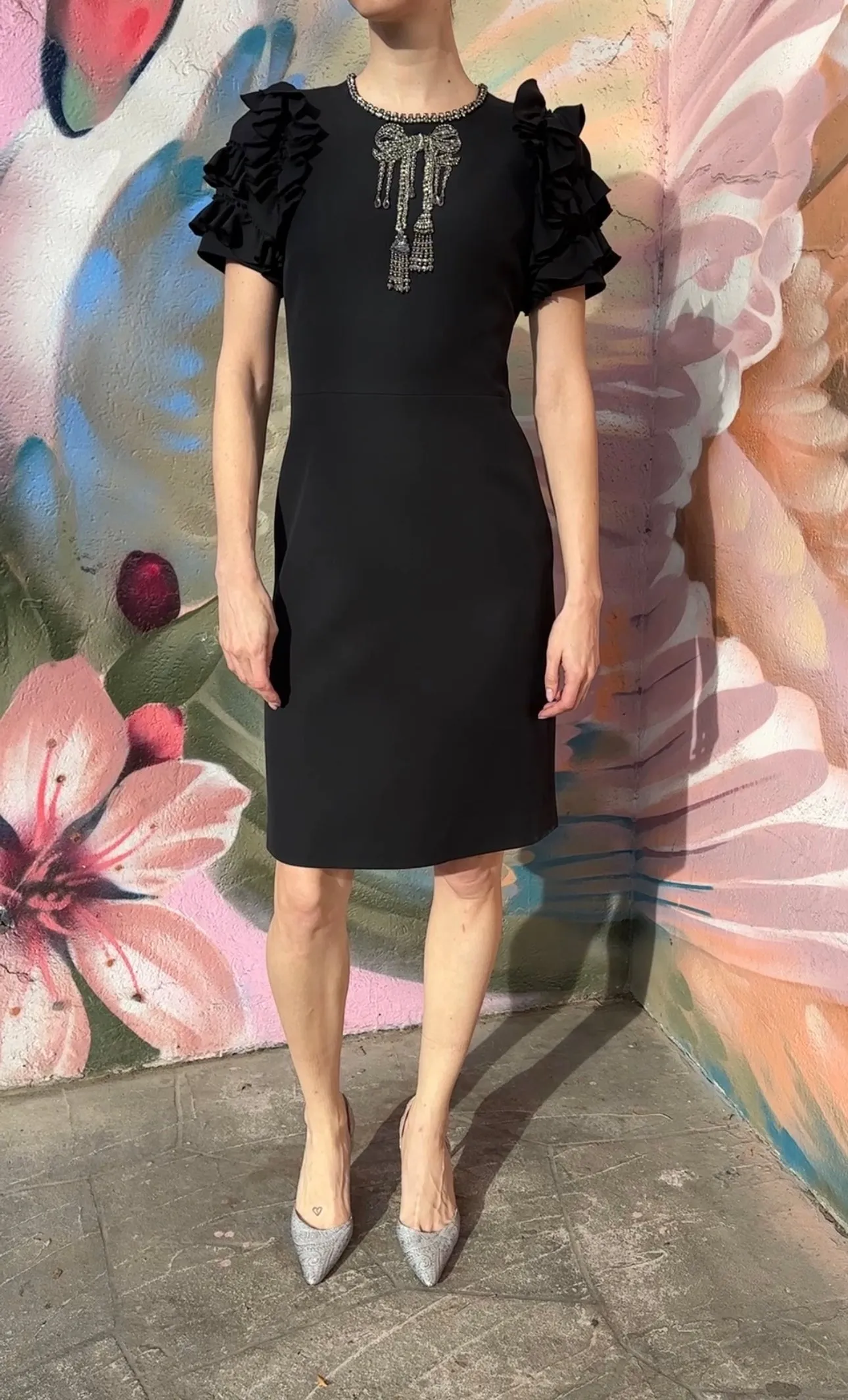 Gucci Black Ruffle Sleeve Beaded Bow Midi Dress - M