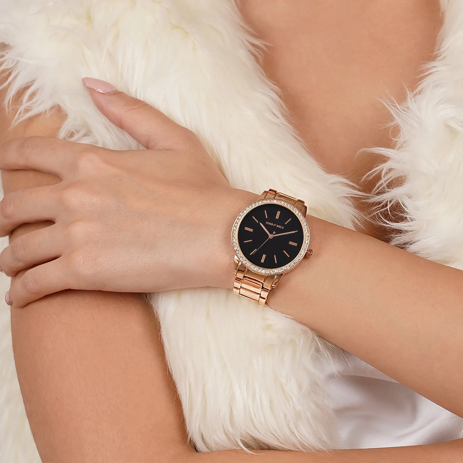Halo Black Dial Rose Gold Metallic Strap Rhinestone Watch
