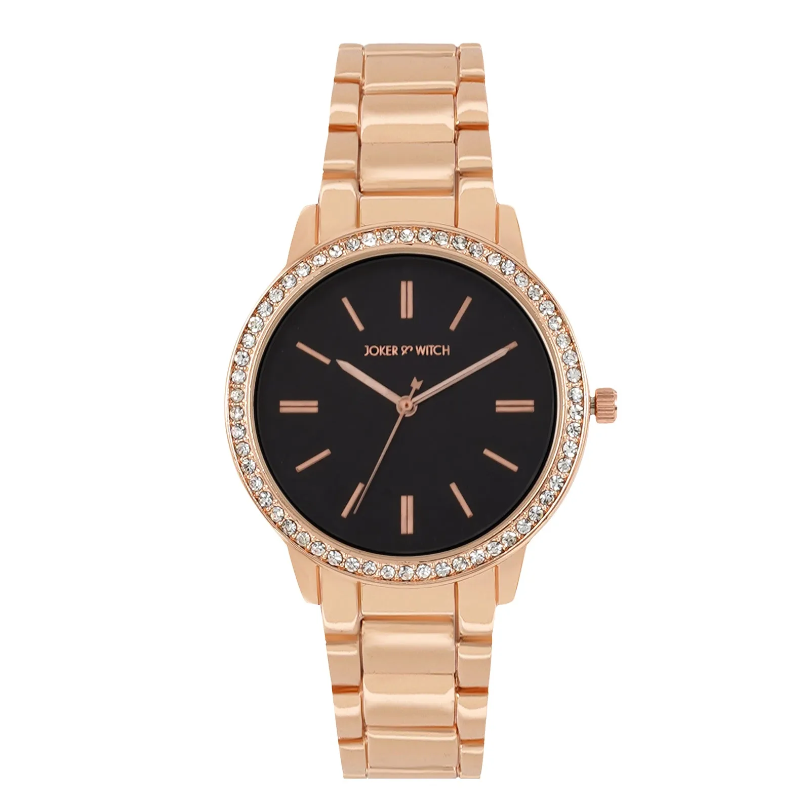 Halo Black Dial Rose Gold Metallic Strap Rhinestone Watch
