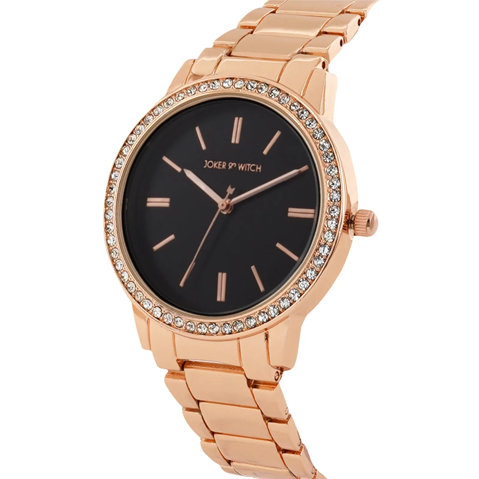 Halo Black Dial Rose Gold Metallic Strap Rhinestone Watch