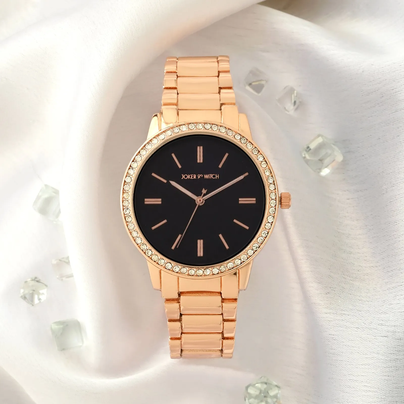 Halo Black Dial Rose Gold Metallic Strap Rhinestone Watch