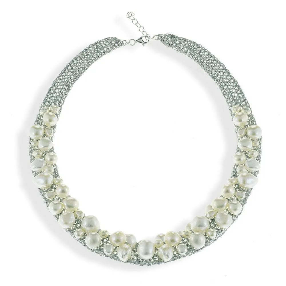 Handmade Silver Plated Crochet Choker Necklace with Pearls