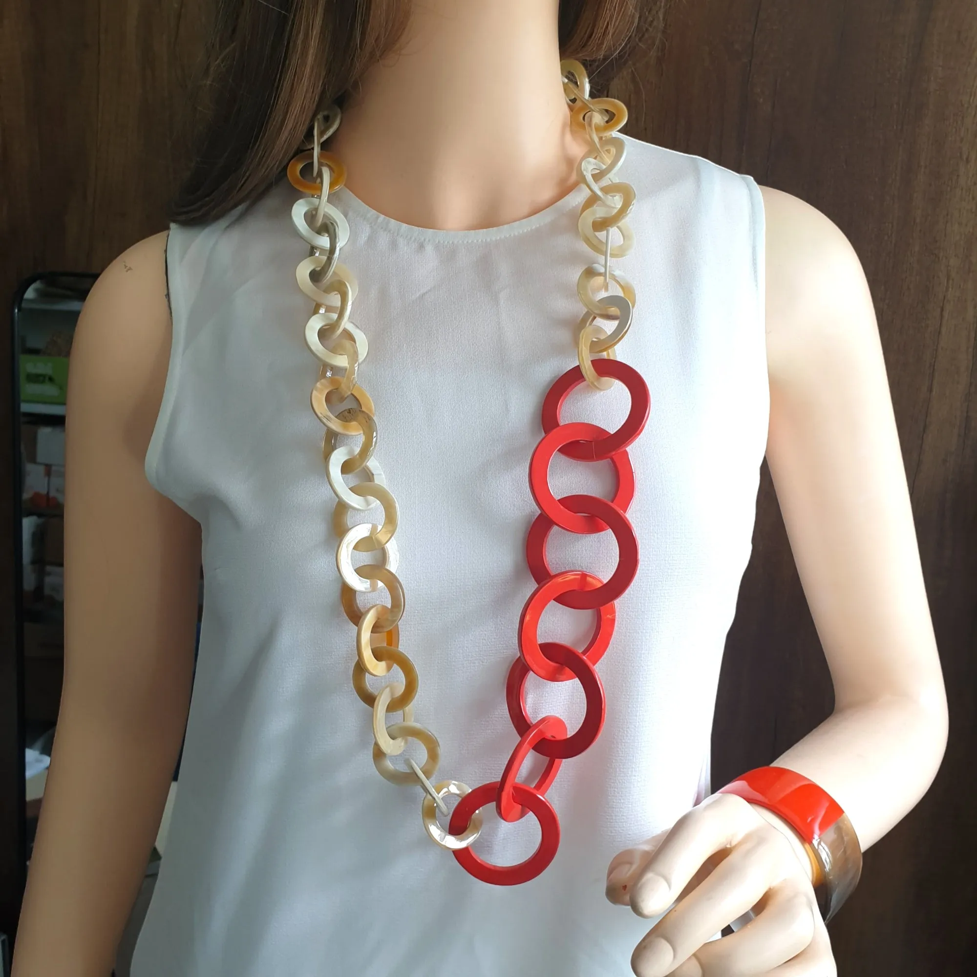 Horn Necklace in Orange Red Lacquer. Unique Jewelry by Jasmino
