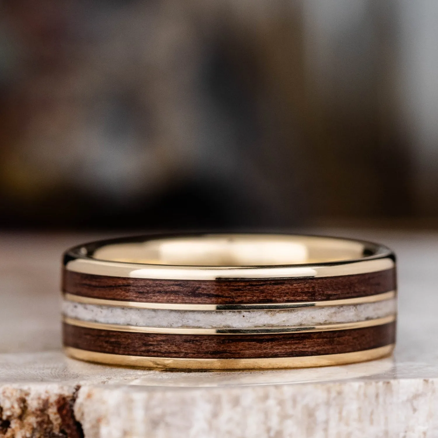 (In-Stock) The Stag in Gold | Men's 10k Yellow Gold Elk Antler Wedding Band with Walnut Wood - Size 9.5 | 7mm