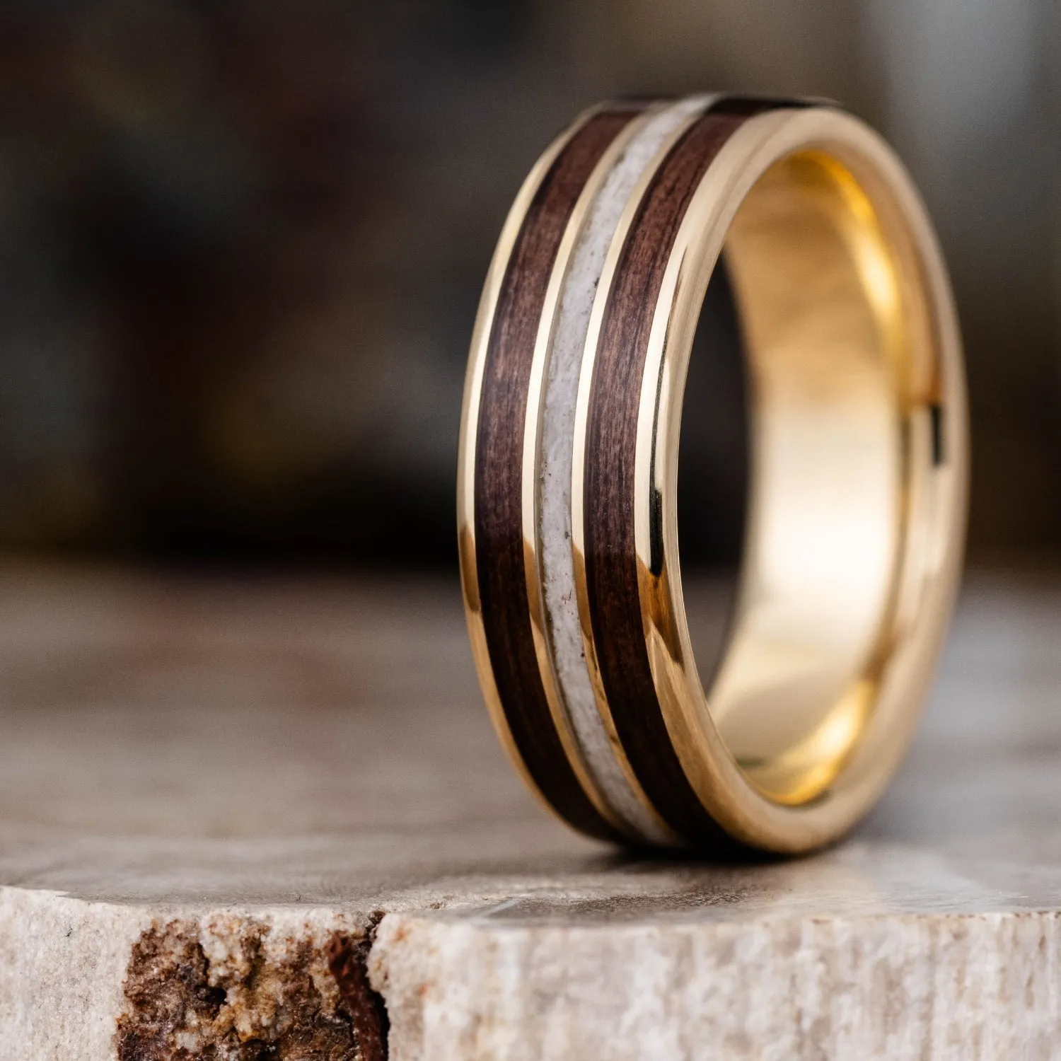 (In-Stock) The Stag in Gold | Men's 10k Yellow Gold Elk Antler Wedding Band with Walnut Wood - Size 9.5 | 7mm