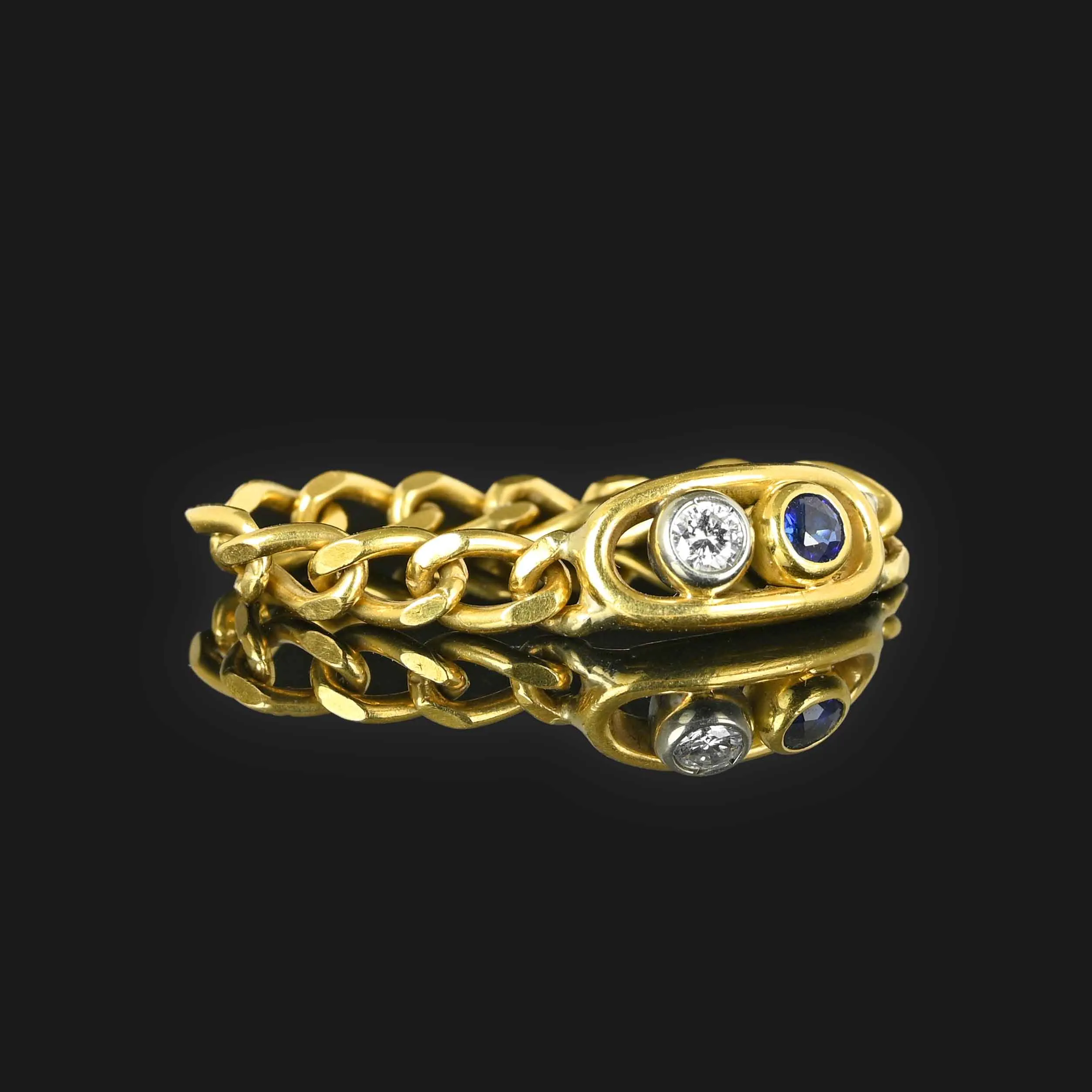 Modern 18K Gold Sapphire Diamond Curb Chain Ring