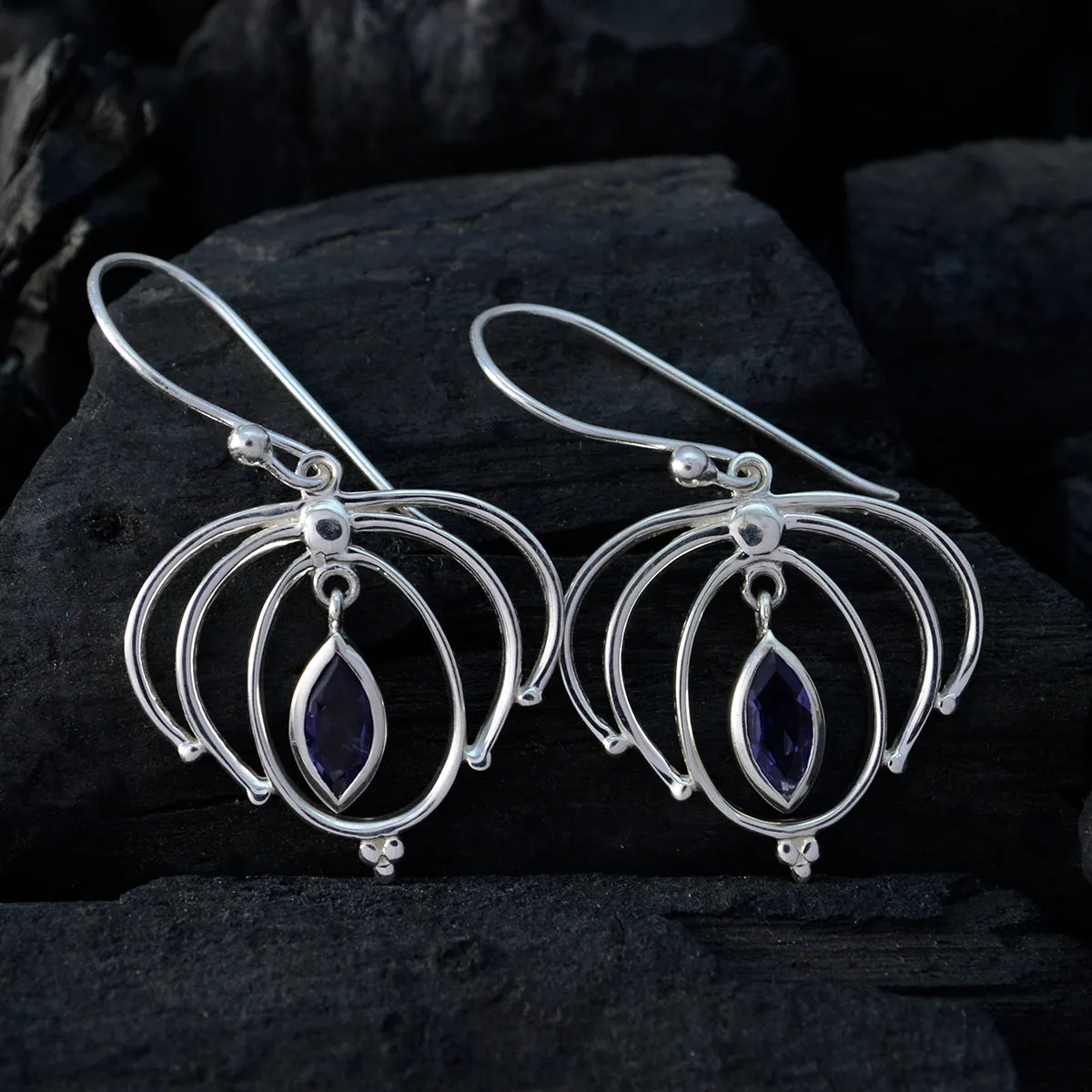 Riyo Genuine Gems Marquise Faceted Nevy Blue Iolite Silver Earring gift for anniversary day