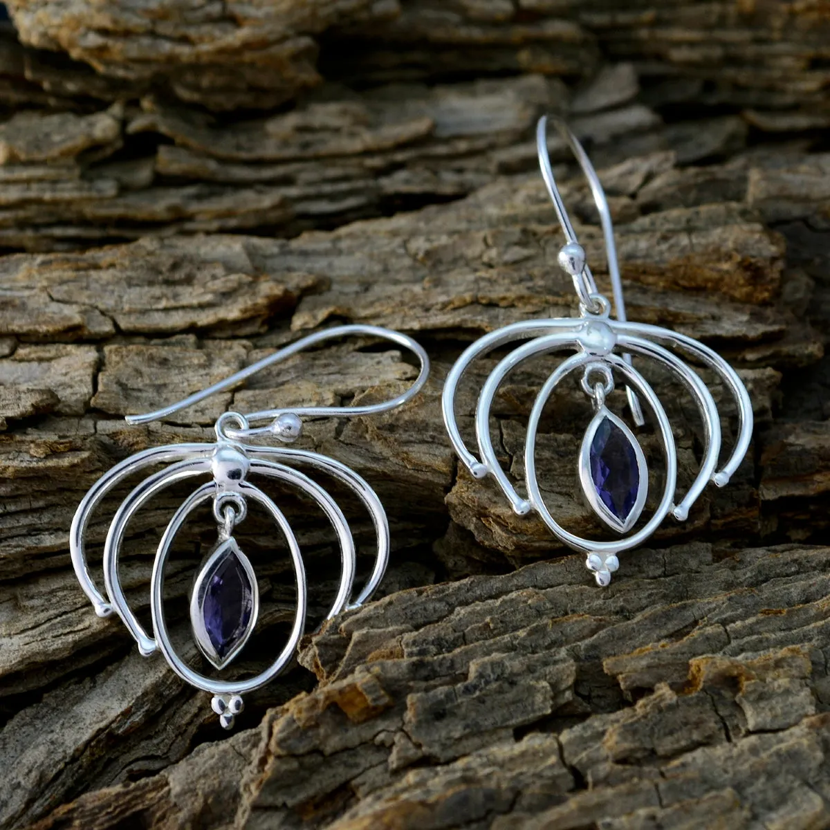 Riyo Genuine Gems Marquise Faceted Nevy Blue Iolite Silver Earring gift for anniversary day