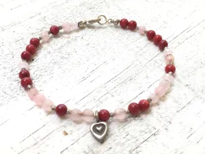 Rose Quartz Bracelet- Red Jade Bracelet- Rose Quartz Jewelry - Red Jade Jewelry -Heart Charm Bracelet -  Women's Jewelry - Girlfriend's Gift