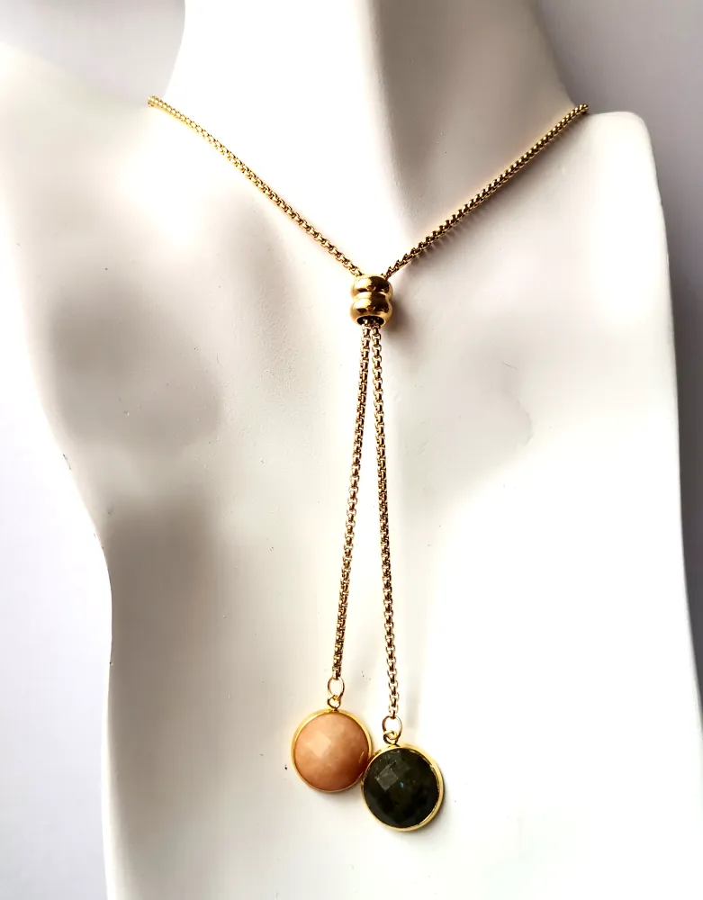 Round Labradorite & Peach Jade Affirmation Slider Necklace