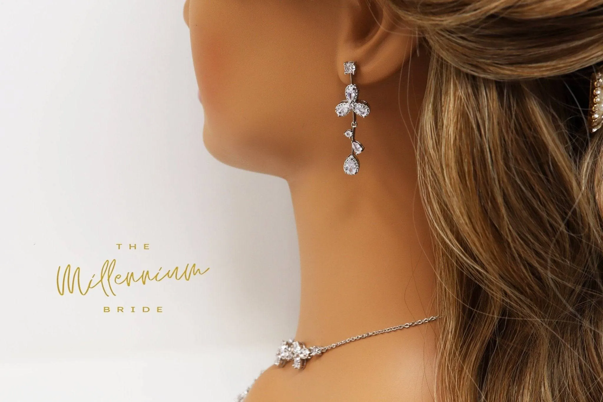 Swarovski Crystal Floral Butterfly Vine Leaves , Long Bridal Jewelry, Bridal Earrings And Necklace, Statement Earrings Cz Necklace Set.