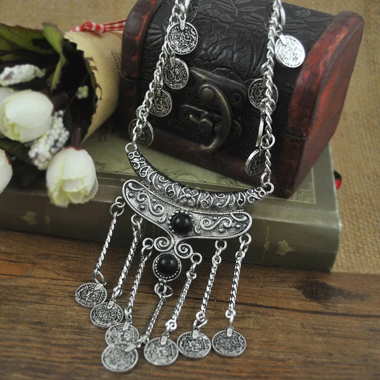 Vintage Bohemian Jewelry Vintage Coin Long Pendant Necklace Antique Silver Chain Gypsy Tribal EthnicTurkish Statement women Boho Jewelry